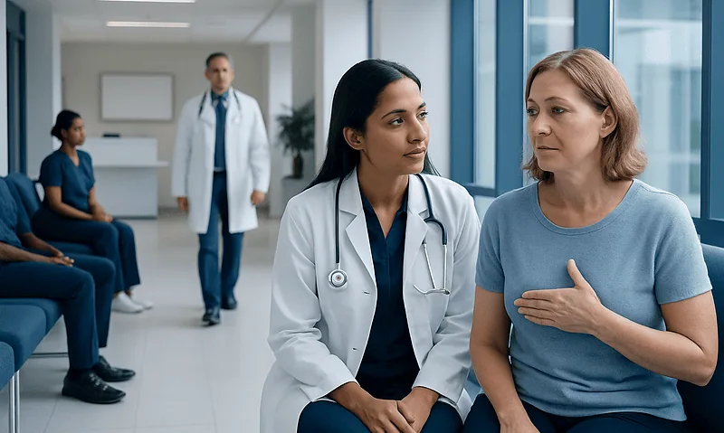 Breast Carcinoma: Types, Symptoms, and Treatment 2 Doctor discussing breast health with patient in hospital setting.
