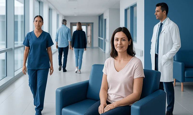 Patient resting in hospital corridor with medical staff nearby.