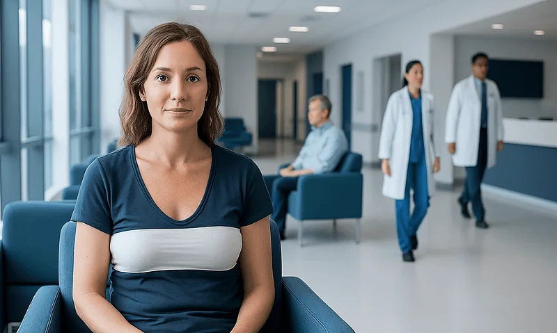 Patient waiting in hospital corridor after breast lift surgery at Acibadem Hospitals.