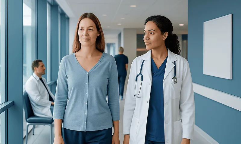 Patient walking with doctor in hospital corridor.