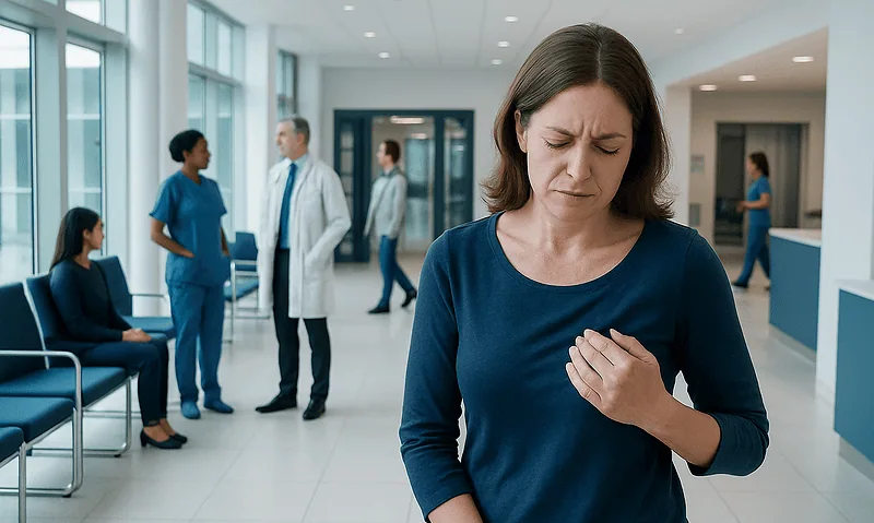 Breast Pain in Women: Causes, Home Care, and When to Get Checked 7 Woman experiencing chest pain in a hospital corridor.