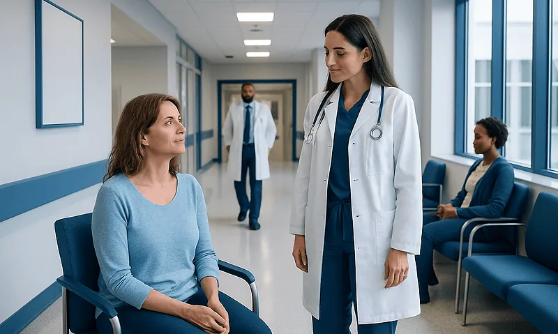 Health Library 13 Doctor consulting patient in hospital corridor with waiting area.