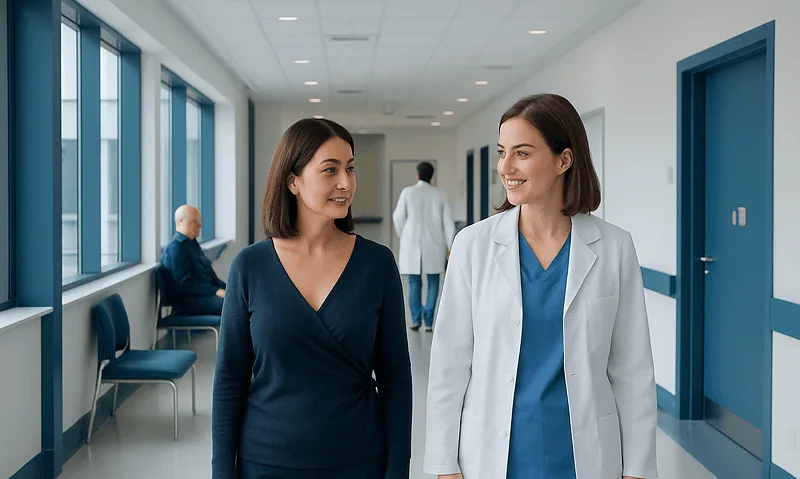 Health Library 3 Two female healthcare professionals walking in hospital corridor.