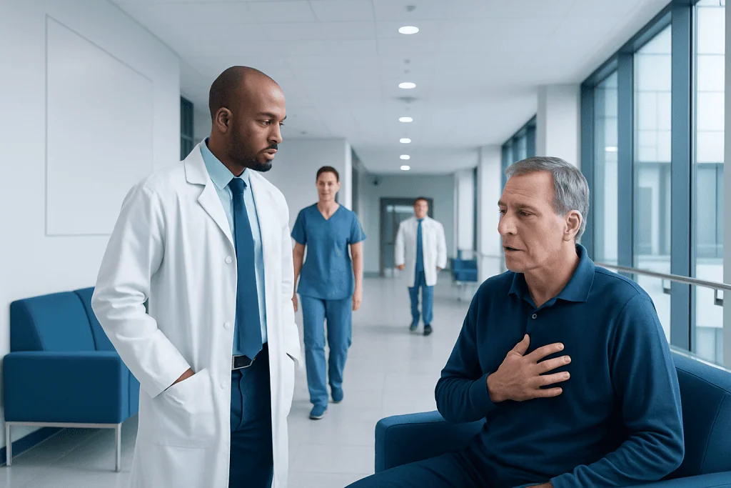 What Causes Breathing Difficulties? Common Lung and Airway Reasons 1 Doctor consulting with patient in hospital corridor.