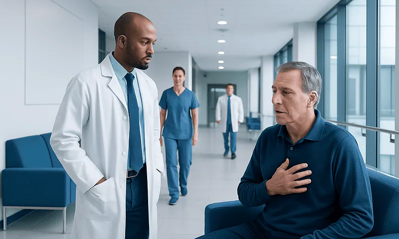 Doctor consulting with patient in hospital corridor.