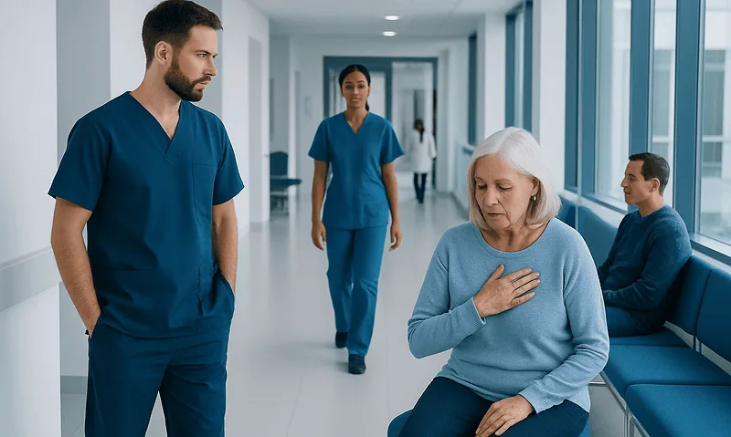 Healthcare professionals attending to a patient in a hospital corridor.