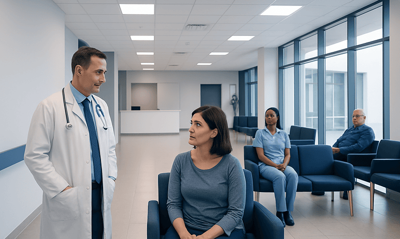 Doctor consulting female patient in hospital waiting area.
