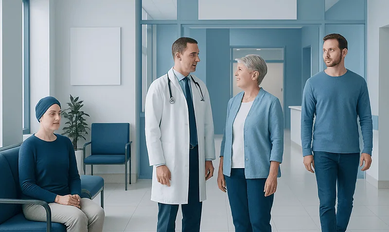 Medical consultation in a hospital with doctor and patients in a modern setting.