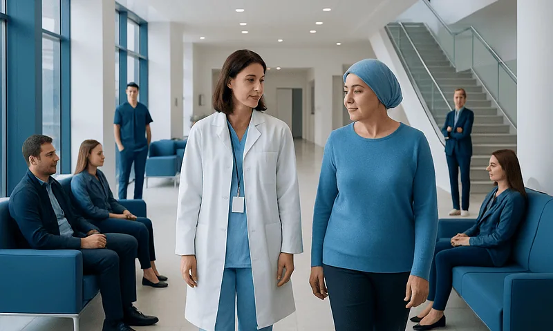 Healthcare professionals and patient in a modern hospital lobby.
