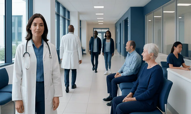 Medical professionals and patients in a hospital corridor.