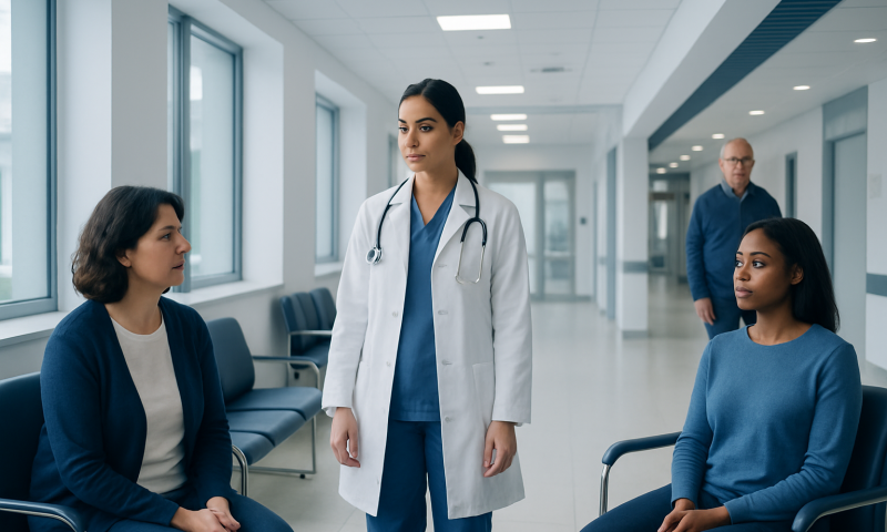 Cancer Screening Tests: Who May Benefit and When to Start 7 Doctor consulting with two female patients in hospital corridor.