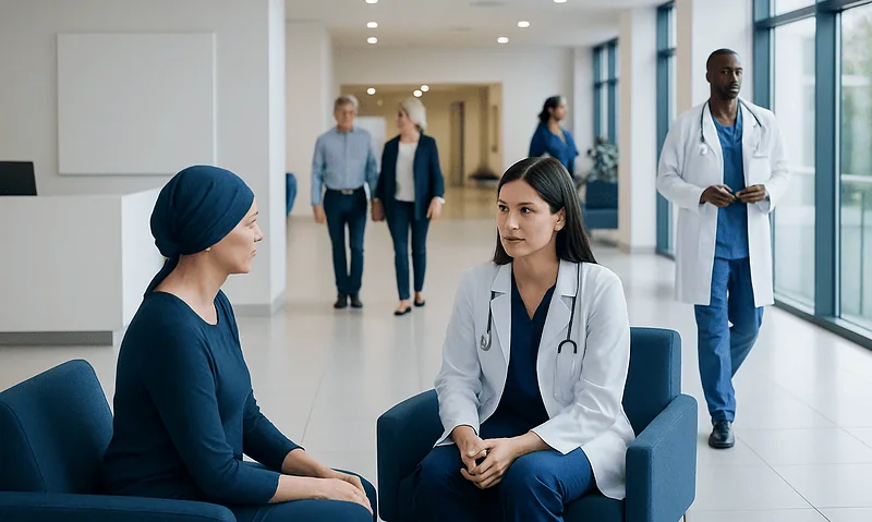 Medical consultation in a modern hospital with healthcare professionals and patient.