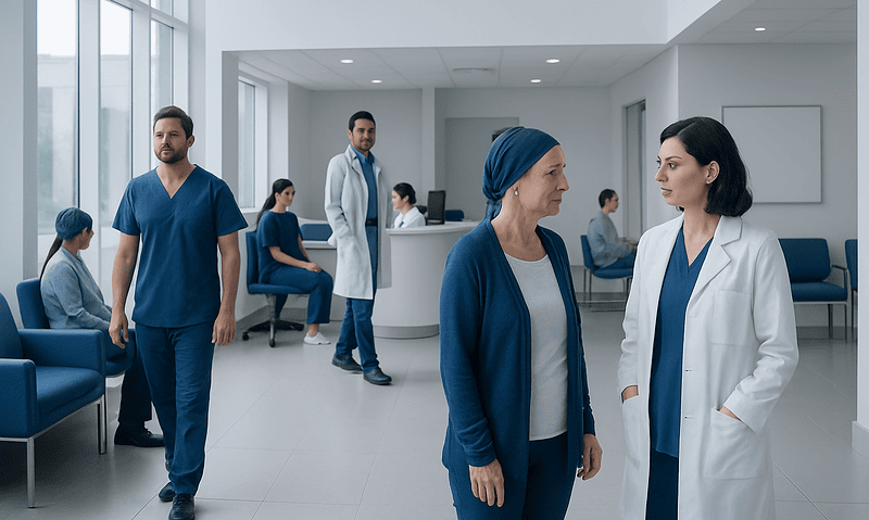 Healthcare professionals and patients in a modern hospital lobby.