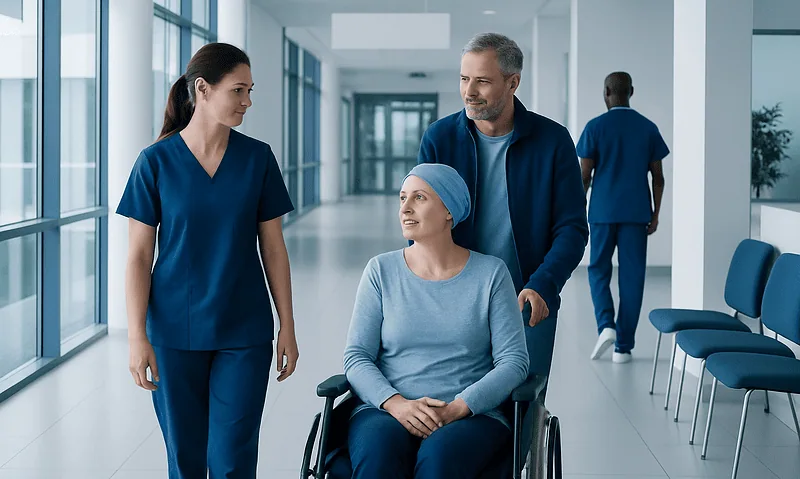 Patient in wheelchair with medical staff in hospital corridor.