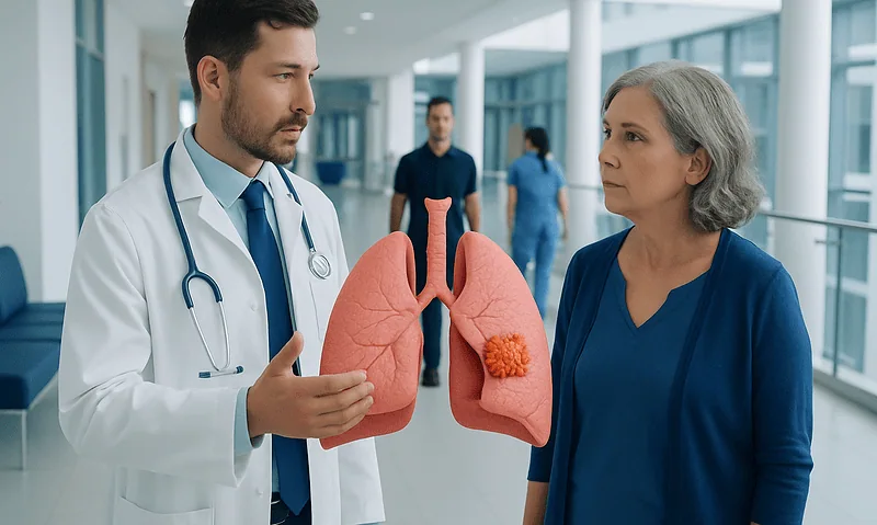 Doctor explaining lung anatomy to a patient in hospital corridor.