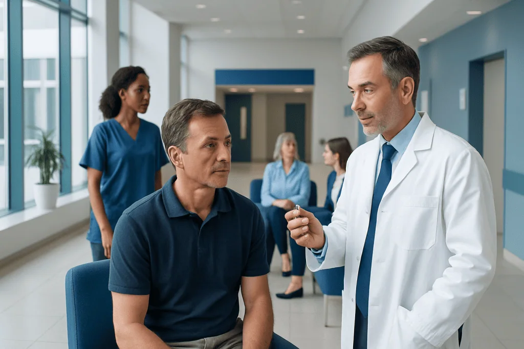 Capsule Endoscopy: Swallowable Camera Test for the Digestive Tract 1 Doctor consulting patient in hospital corridor with medical staff in background.