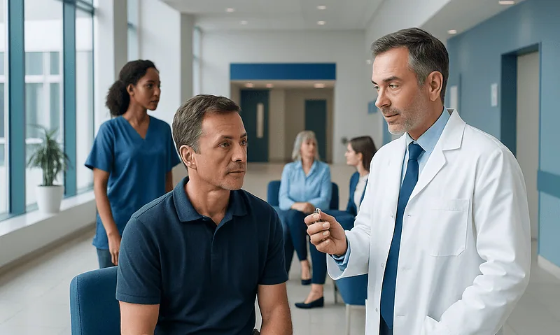 Capsule Endoscopy: Swallowable Camera Test for the Digestive Tract 12 Doctor consulting patient in hospital corridor with medical staff in background.