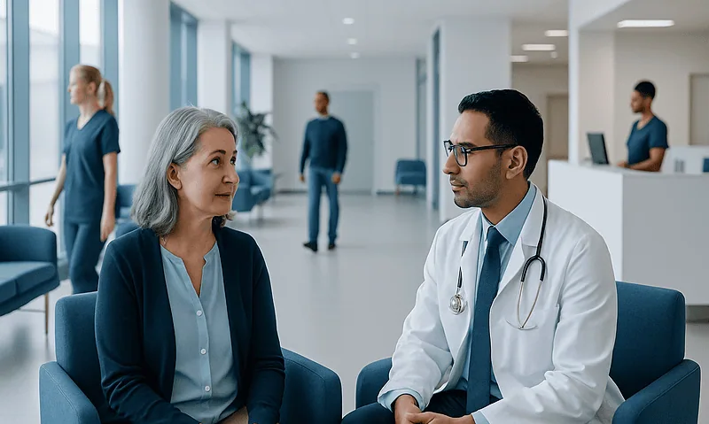 CAR T-Cell Therapy: How It Works and Who It Helps 13 Doctor consulting with a patient in a modern hospital lobby.