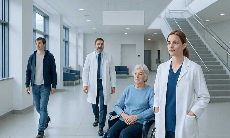 CAR-T Cells: How They Are Made and Used in Treatment 18 Healthcare professionals with a patient in a modern hospital corridor.