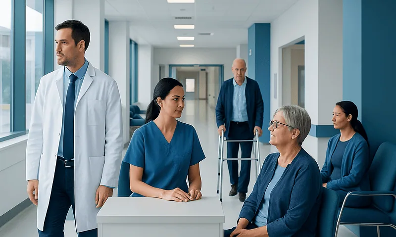 Chimeric Antigen Receptor CAR T Cells: What They Are 14 Medical team consulting with elderly patient in hospital corridor.