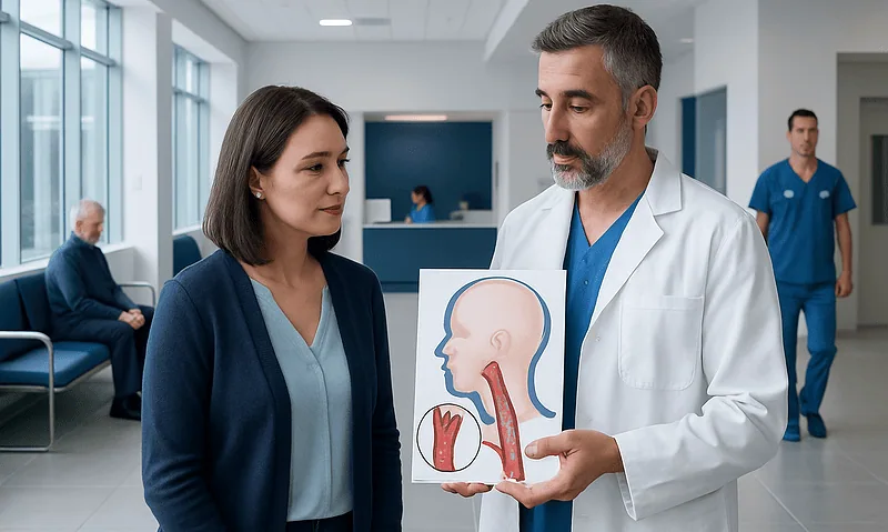 Doctor explaining carotid artery diagram to a patient in hospital.