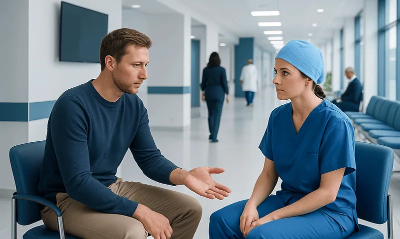 Patient consulting with a nurse in a hospital corridor.