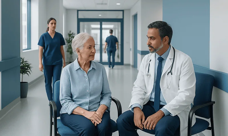 Doctor consulting with elderly patient in hospital corridor.