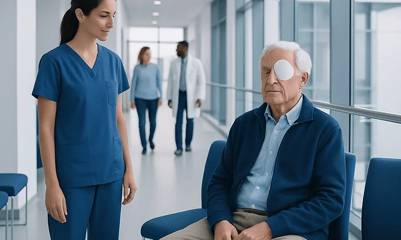 Patient with eye patch after cataract surgery in hospital corridor.