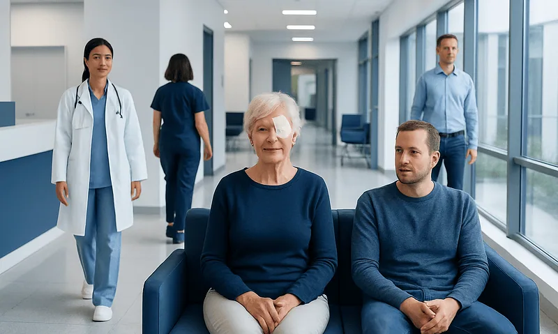 Patients waiting in a modern hospital corridor with medical staff nearby.