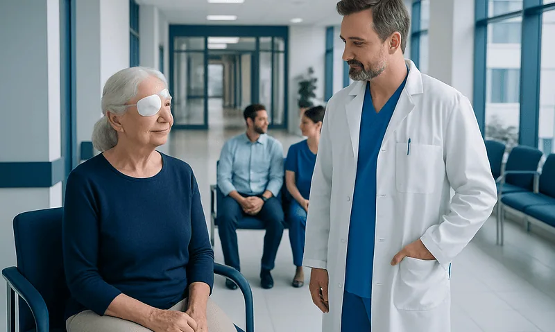 Ophthalmologist consulting elderly woman with eye patch in hospital corridor.