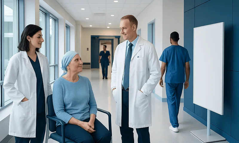 Cell Therapy for Cancer: Types, Benefits, and Risks 9 Medical team consulting with a patient in a hospital corridor.