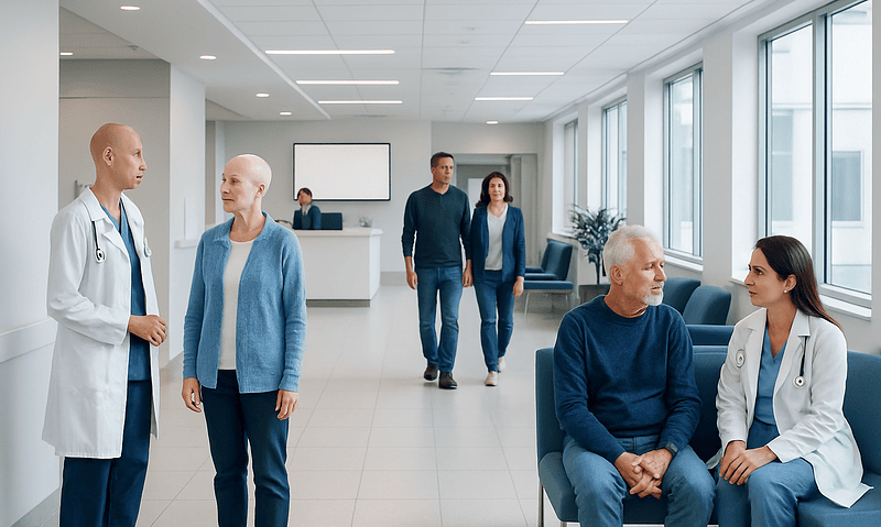 Cell Therapy Explained: Uses in Modern Cancer Treatment 1 Patients and doctors in a modern hospital lobby engaging in conversation.