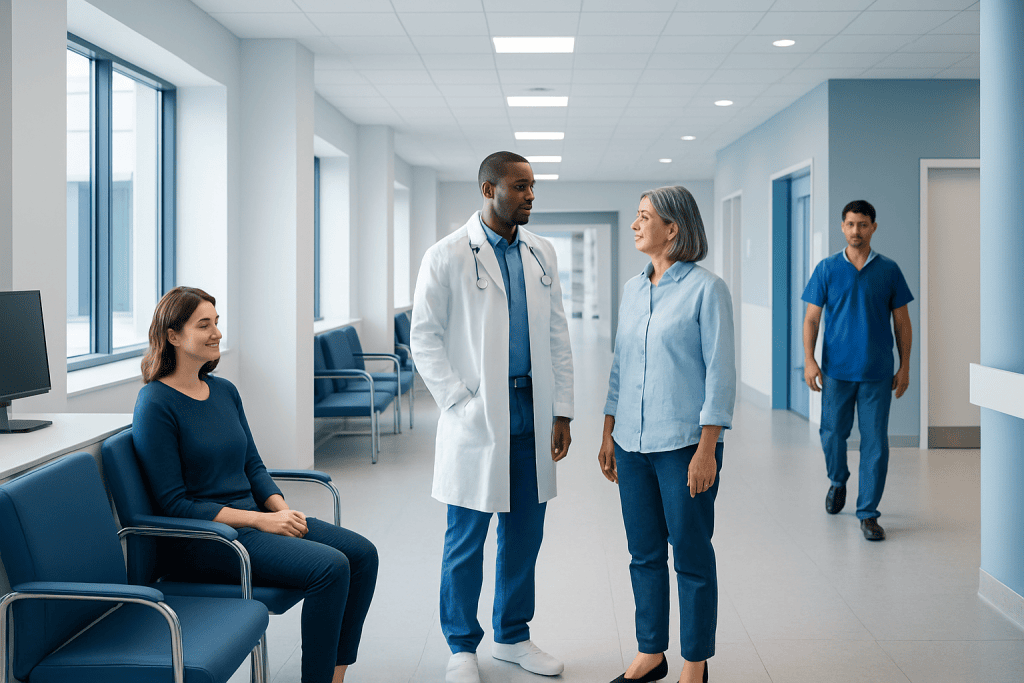 Cellular Therapy for Cancer: A Patient Guide 1 Medical professionals and patient in hospital corridor at Acibadem Hospitals Group.