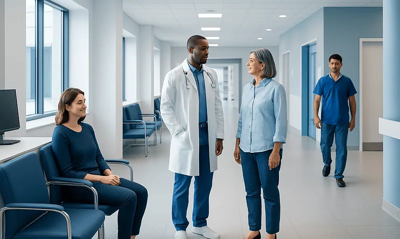Cellular Therapy for Cancer: A Patient Guide 2 Medical professionals and patient in hospital corridor at Acibadem Hospitals Group.
