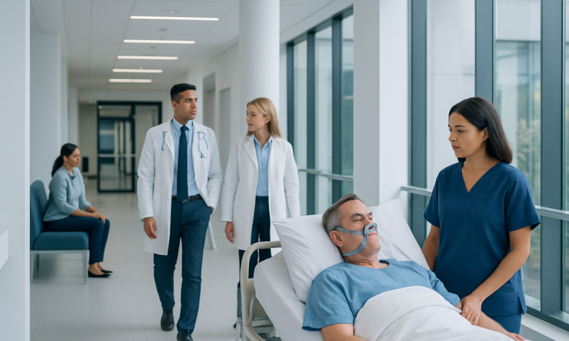 Hospital staff attending to a patient in a modern medical facility.