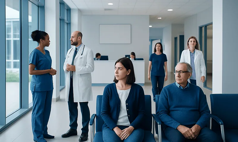 Patients waiting in a hospital corridor with medical staff nearby.