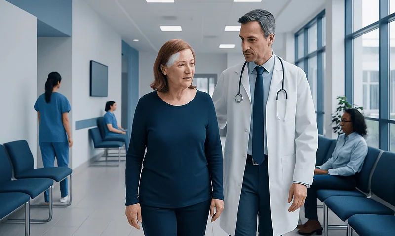 Doctor consulting with a female patient in hospital corridor.