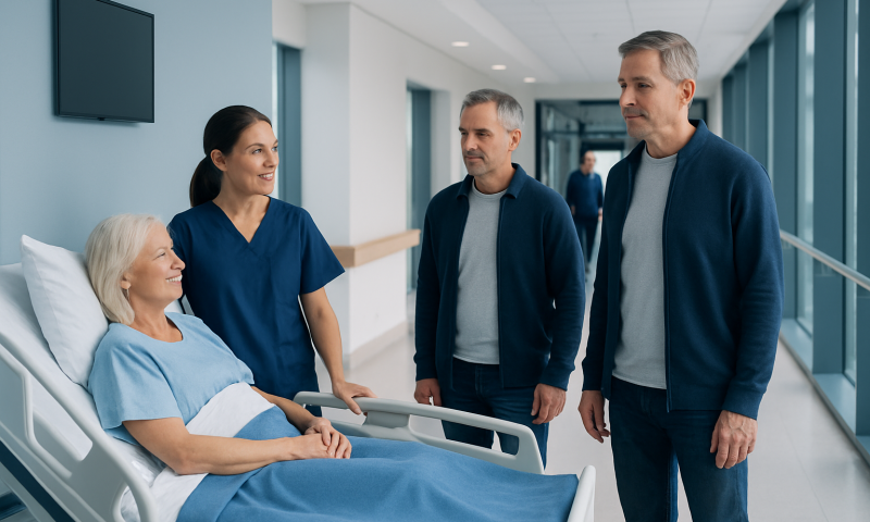 Hospital room with a patient and medical staff discussing care plan.