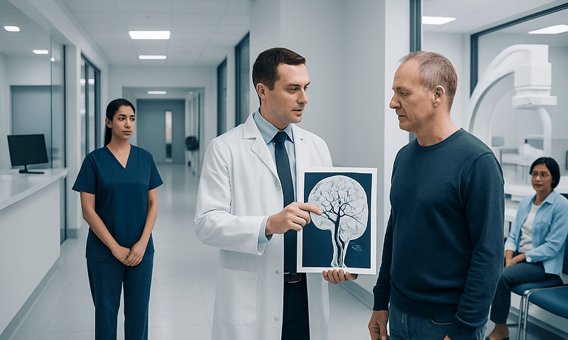 Doctor explaining brain scan to patient in hospital corridor.