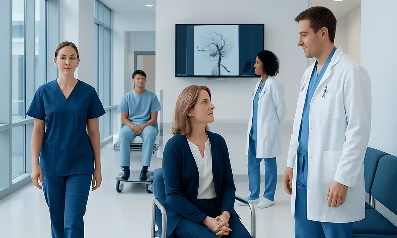 Medical team discussing patient in hospital corridor with brain scan on screen.