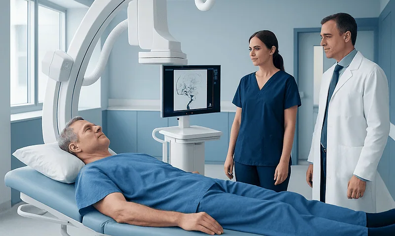 Patient undergoing cerebral angiography with medical team in hospital.