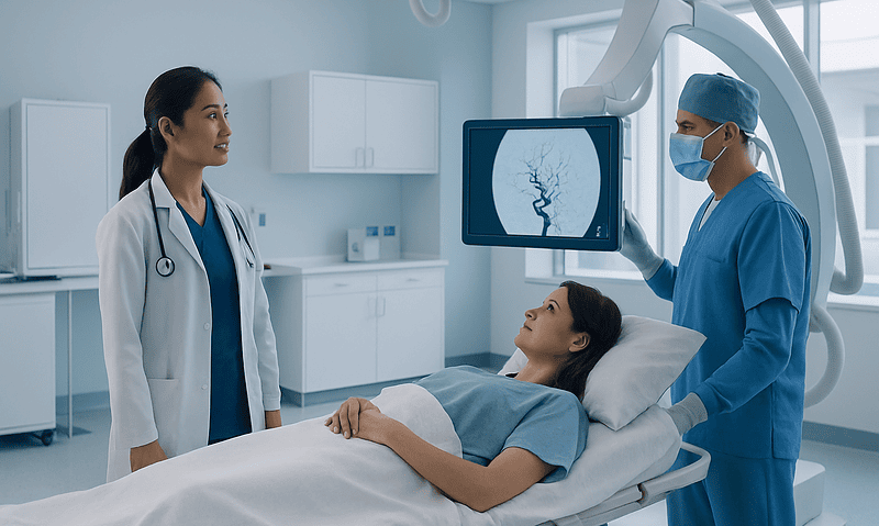 Medical team preparing for cerebral angiography procedure in hospital.