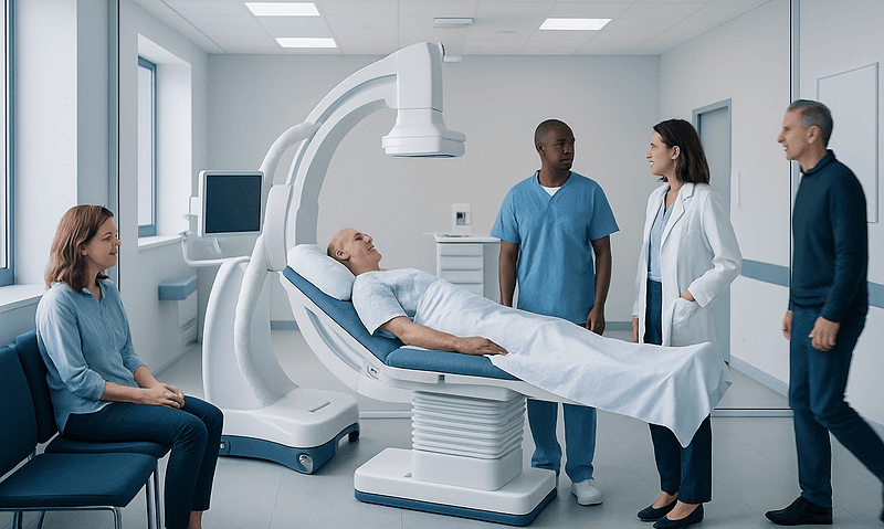 Patient undergoing cerebral angiography in a modern hospital setting.