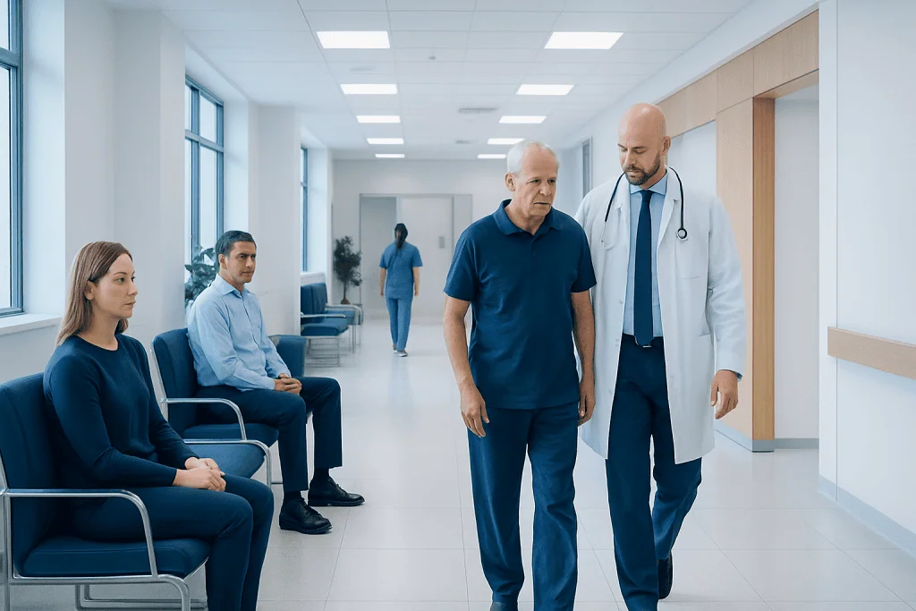 Cerebral Angiography Risks and Recovery: What Patients Should Know 1 Doctor consulting elderly patient in hospital corridor with waiting patients.