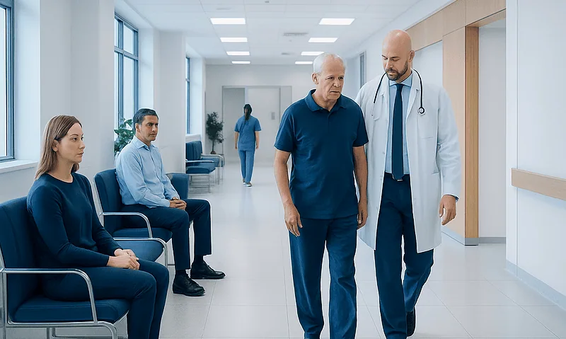 Doctor consulting elderly patient in hospital corridor with waiting patients.