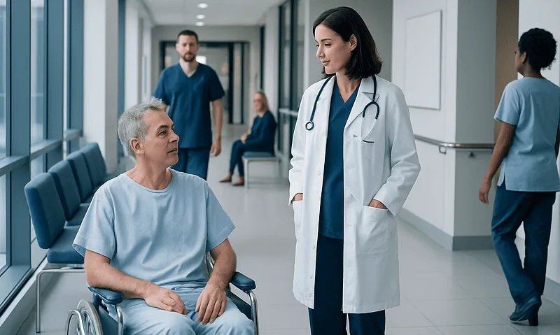Doctor talking to a patient in hospital corridor with medical staff in background.