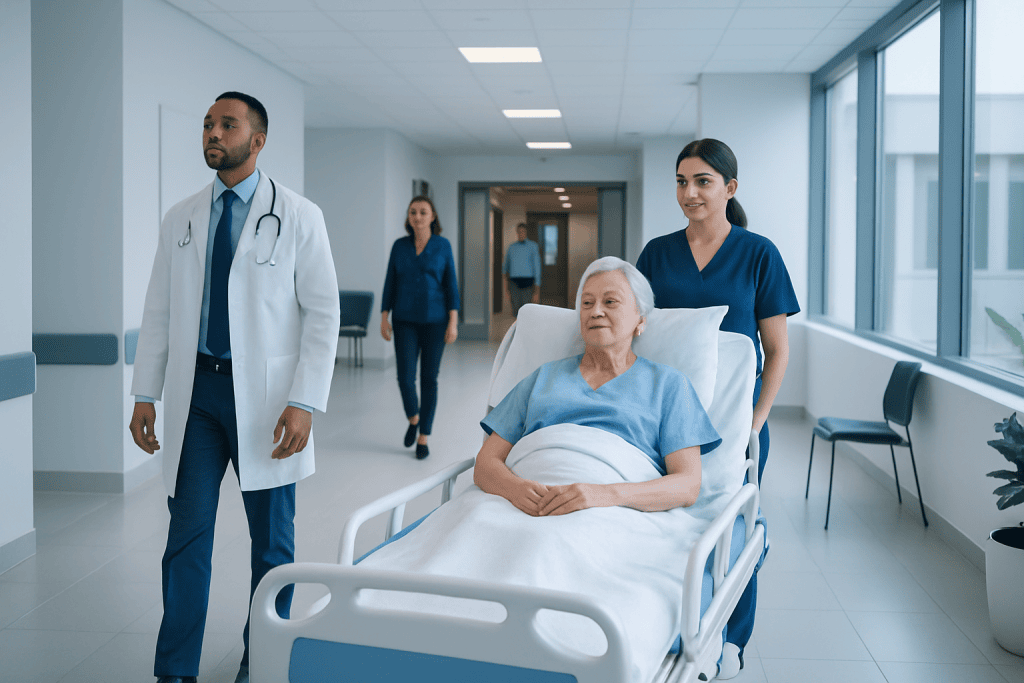 Cerebral Angiography Recovery: Aftercare, Activity Limits, and Warning Signs 1 Patient being cared for by medical staff in hospital corridor.