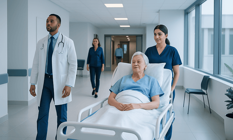 Patient being cared for by medical staff in hospital corridor.