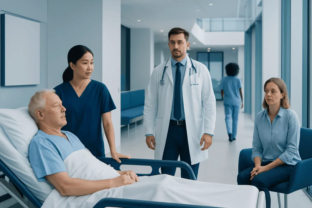 Cerebral Angiography Recovery: Side Effects, Activity Limits, and Warning Signs 1 Hospital scene with doctor and nurses attending to a patient in bed.