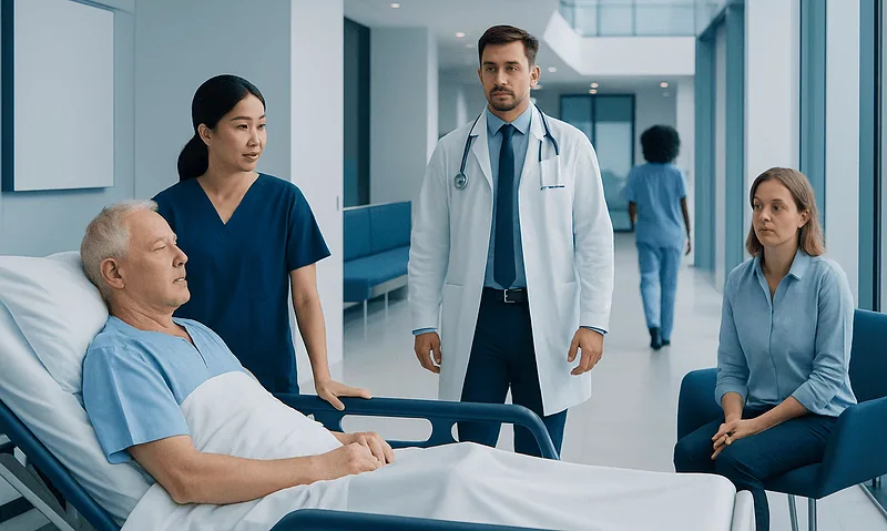 Hospital scene with doctor and nurses attending to a patient in bed.